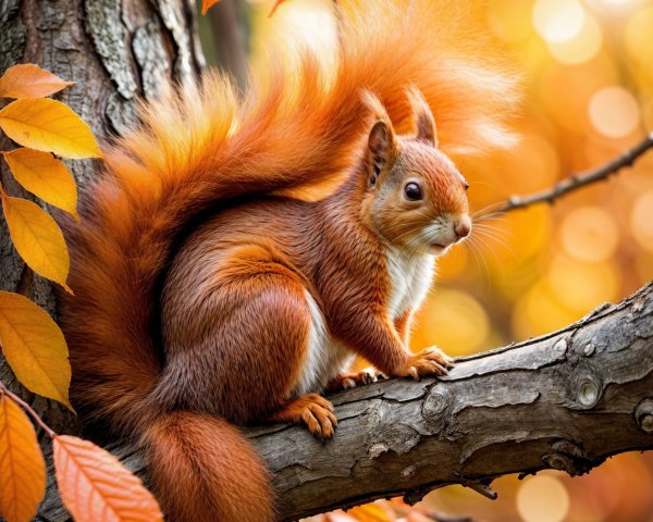 Red Squirrel on Tree Branch Amid Autumn Foliage