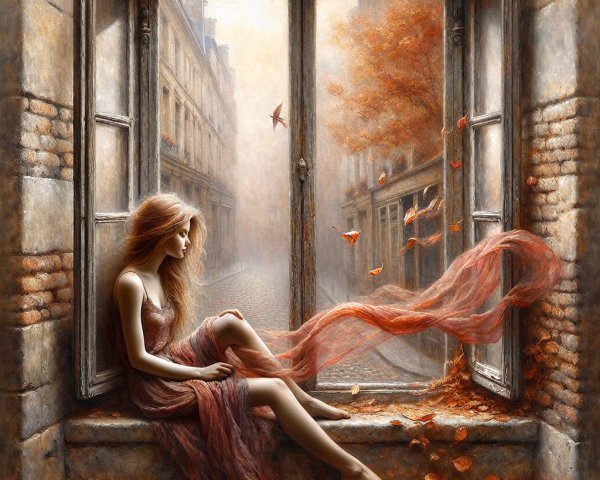 Serene Autumn Window Scene with Young Woman
