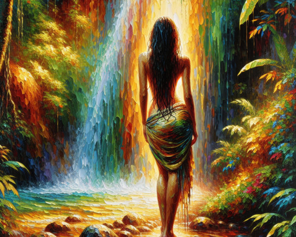 Woman in flowing garment in a vibrant jungle scene
