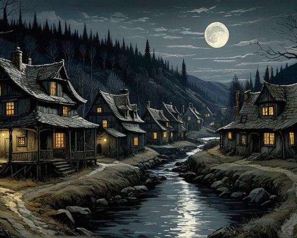 Moonlit Village Scene with Tranquil Landscape