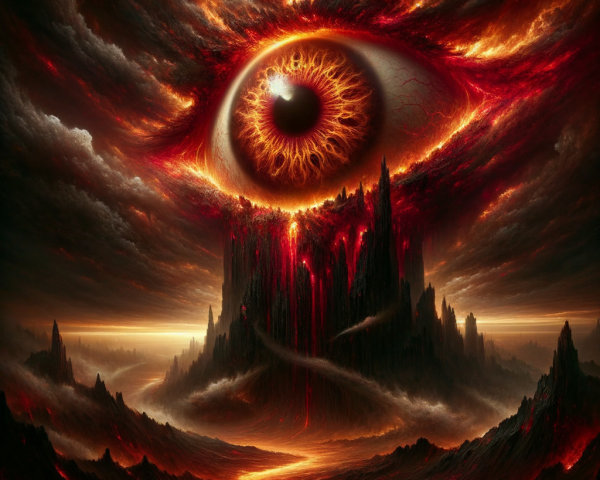 Colossal Eye in Dark Sky Over Volcanic Landscape
