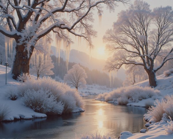 Winter Wonderland with Snow-Covered Trees and River