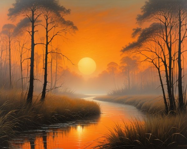 Tranquil River Landscape at Sunset with Mist