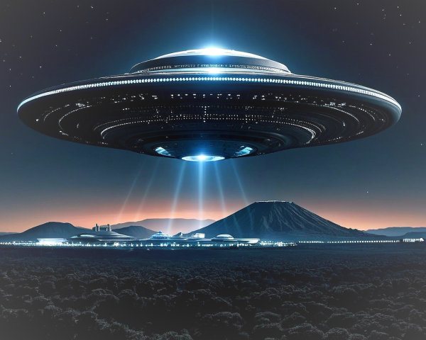 Futuristic UFO Over Serene Volcanic Landscape at Twilight