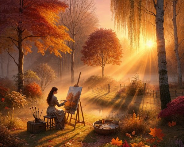 Autumn Scene of Woman Painting Among Fall Foliage
