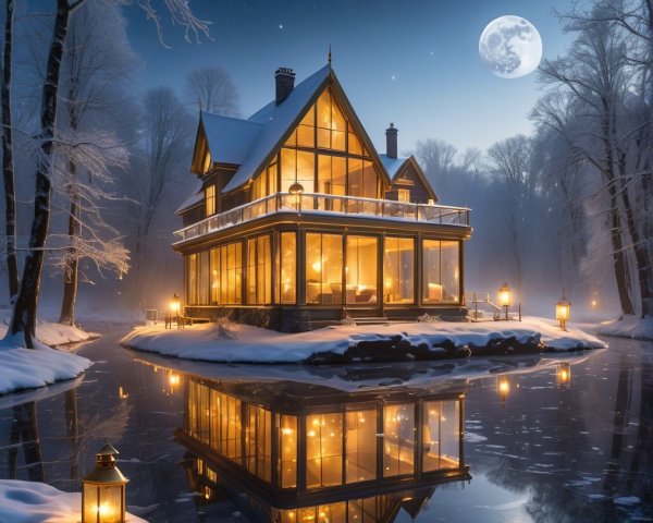 Modern cabin by a frozen pond in a winter night scene