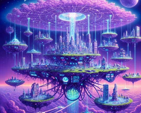 Futuristic floating city with advanced architecture and greenery