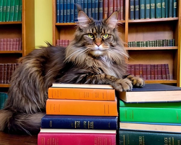 Maine Coon Cat on Vintage Books in Cozy Library