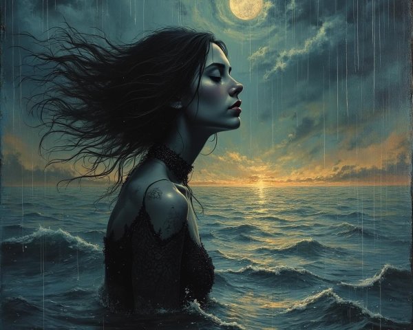Ethereal Woman in Ocean Under Full Moon Light