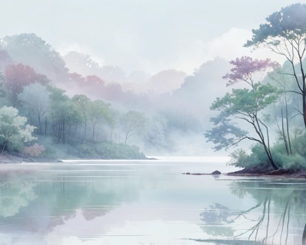 Tranquil Lake and Misty Forest Landscape Scene