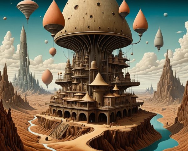 Surreal Landscape with Castle and Floating Balloons