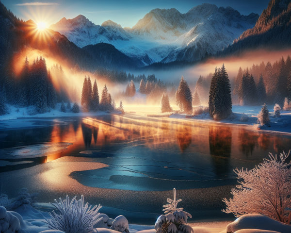 Tranquil Winter Landscape with Lake and Mountains