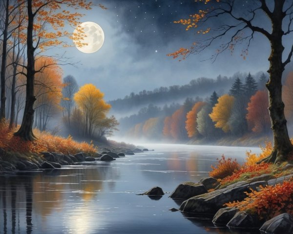 Tranquil Autumn Landscape with River and Full Moon