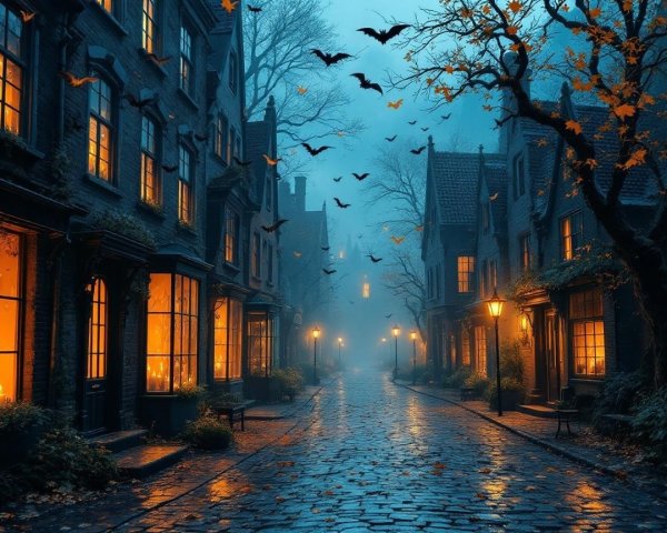 Misty Cobblestone Street with Old Buildings and Bats