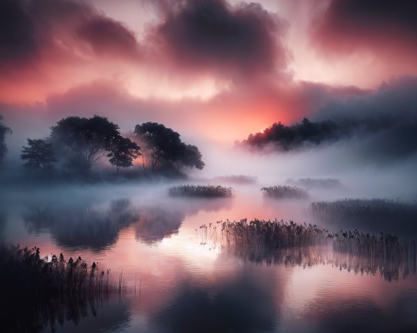 Dawn Landscape with Mist over a Tranquil Lake