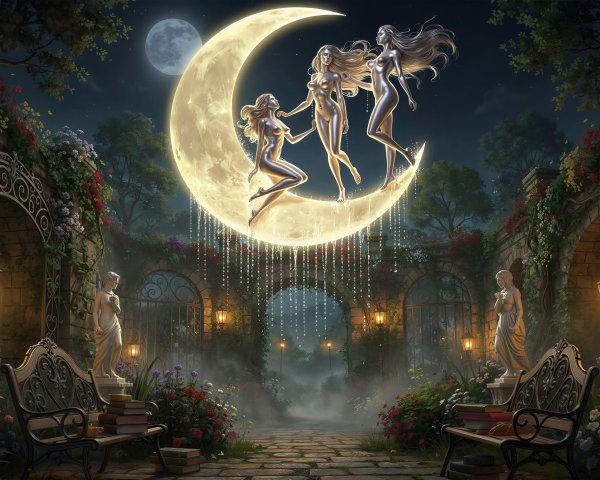 Enchanted Night Garden with Glowing Moons and Figures