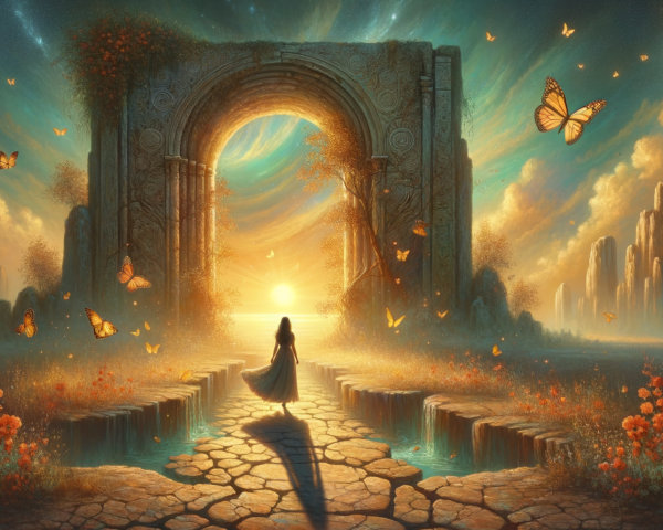 Serene Landscape with Stone Archway at Sunset