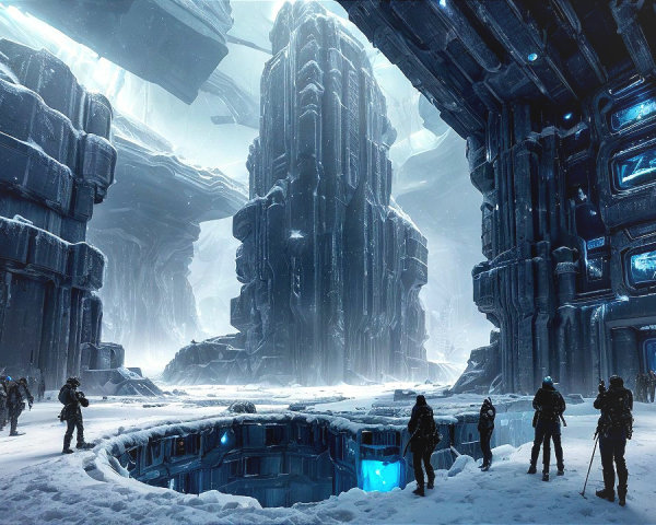 Futuristic Icy Landscape with Dark Metal Structures