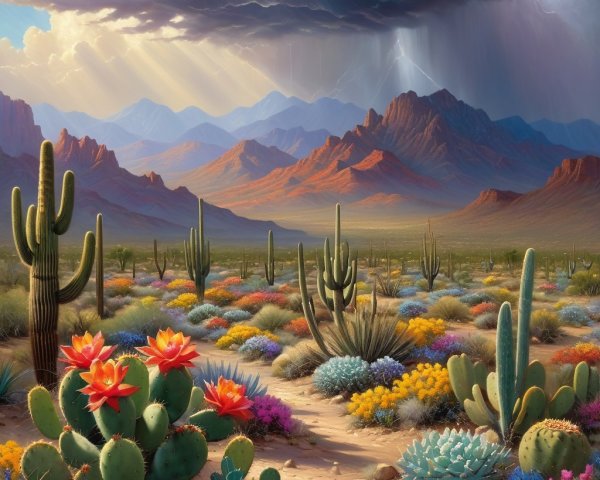 Vibrant Desert Landscape with Wildflowers and Cacti
