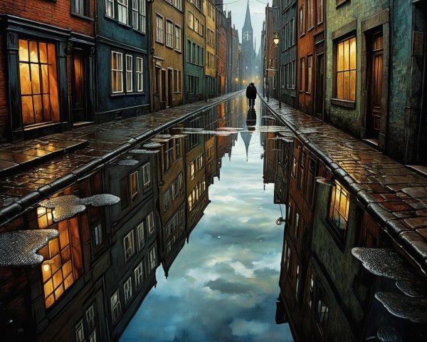 Cobblestone Street Scene with Vibrant Building Reflections