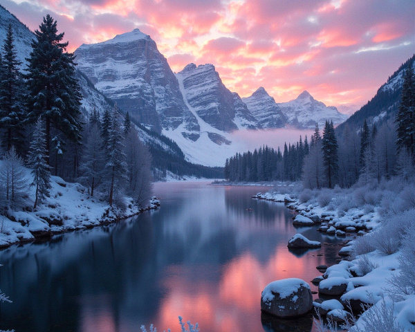 Winter Landscape with Snowy Mountains and Reflective Water