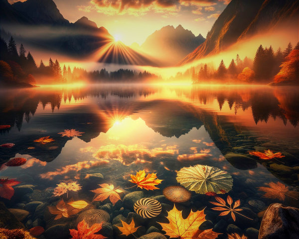 Serene Autumn Landscape with Lake and Mountains