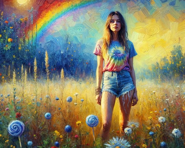 Young Woman in Colorful Flower Field with Rainbow