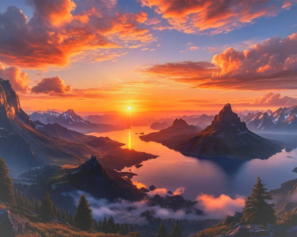 Sunset Landscape with Mountains and Reflective Lake