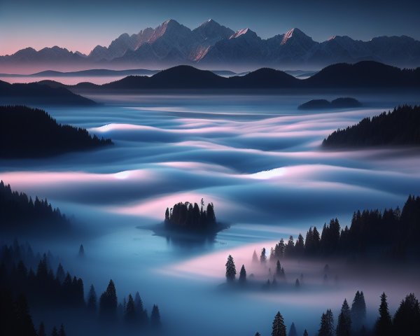 Twilight Landscape with Misty Hills and Mountains