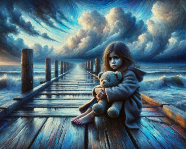 Young girl on a pier with teddy bear and dramatic sky