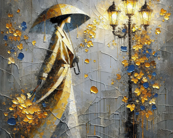 Figure with Umbrella Under Warm Lamppost Light