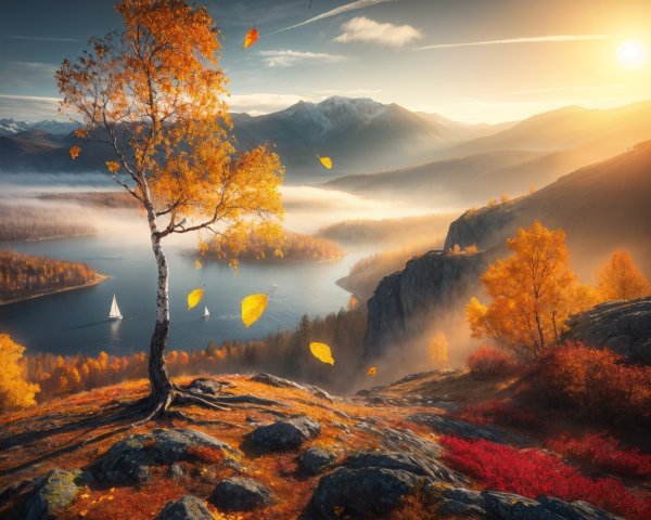 Autumn Landscape with Tree and Tranquil Lake Scene