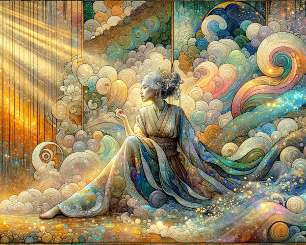 Serene Figure in Kimono Amidst Dreamy Landscape