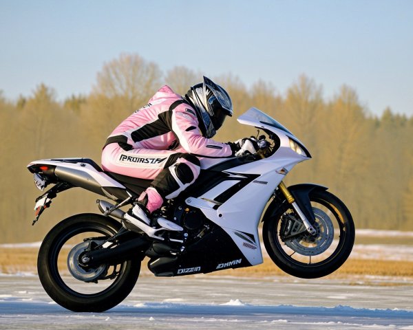 Motorcyclist Performs Wheelie on Sports Bike in Snow