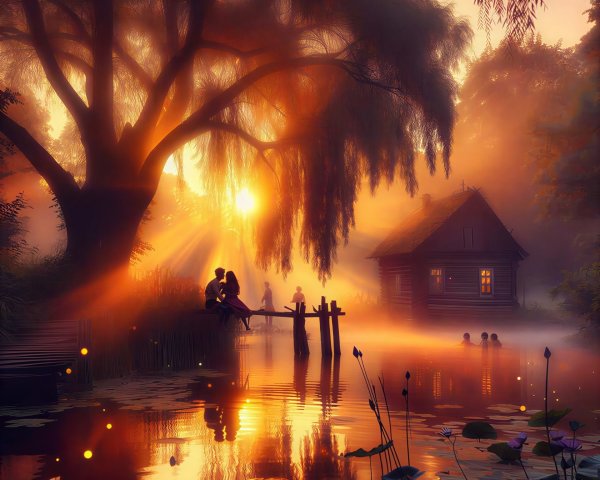 Serene Lakeside Sunset with Cabin and Ancient Tree