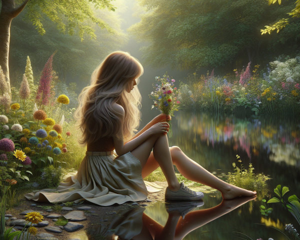 Young Woman by Tranquil River Surrounded by Nature