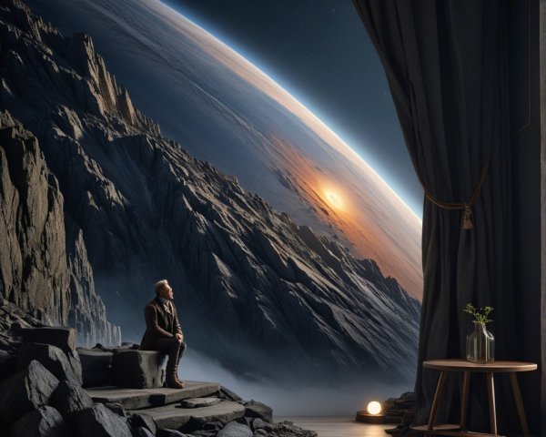 Contemplative Figure Overlooking Cosmic Landscape