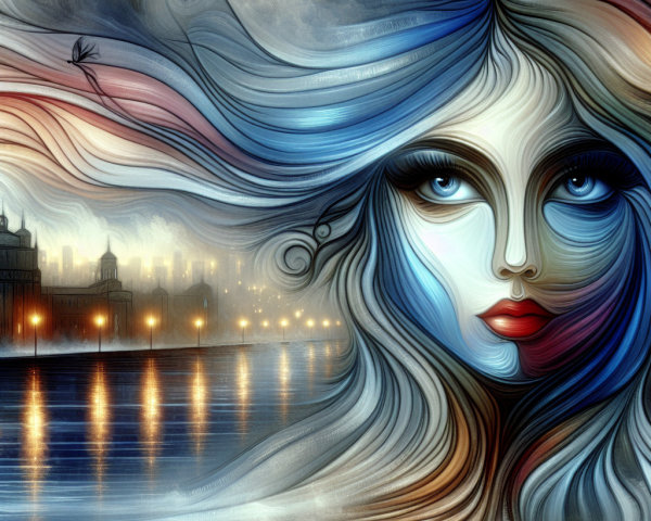 Abstract Woman's Face with Colorful Hair and Cityscape