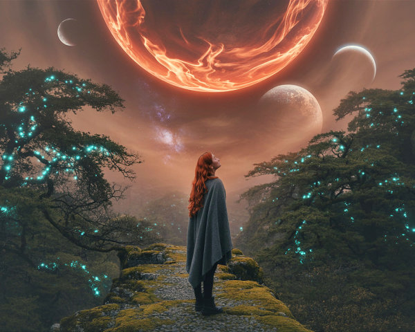 Woman with Red Hair on Mossy Pathway Under Planet