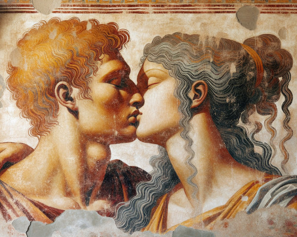 Vibrant fresco of a tender kiss between two figures