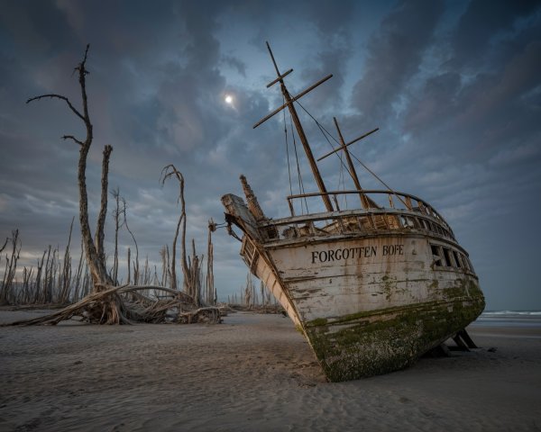 Weathered Ship on Sandy Beach with Desolate Landscape