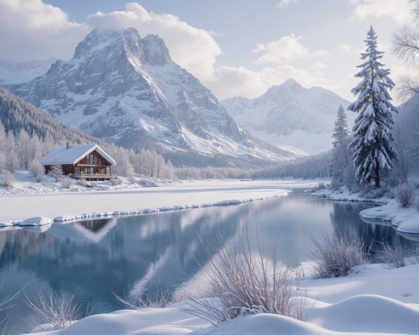 Winter Landscape with Lake and Snow-Covered Mountains