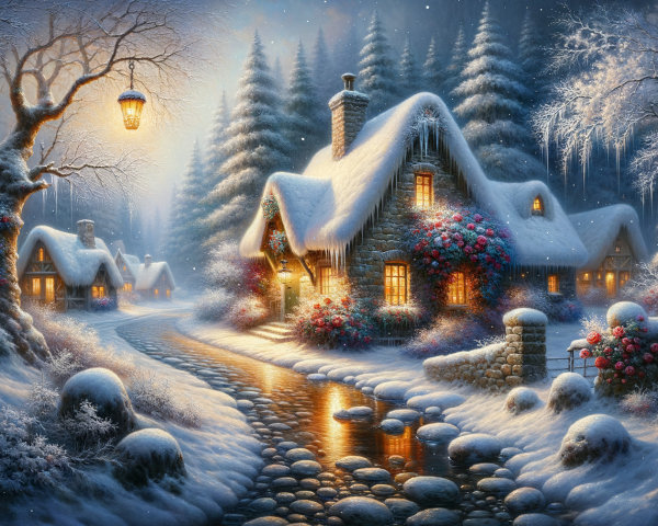 Cozy Cottage in a Snowy Winter Landscape