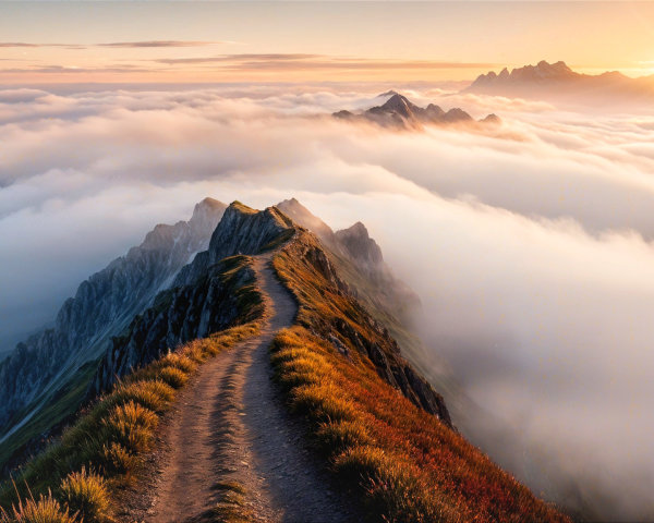 Mountain Ridge Path Surrounded by Soft Clouds