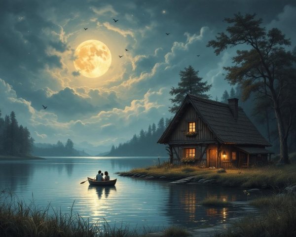 Full Moon Over a Cabin by a Tranquil Lake