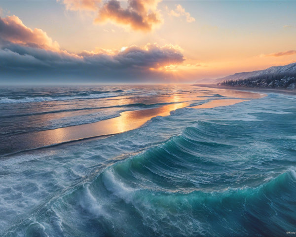 Coastal Scene with Waves and Pastel Sunset Colors