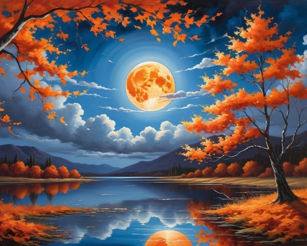 Autumn Moonlit Lake Surrounded by Mountains and Trees
