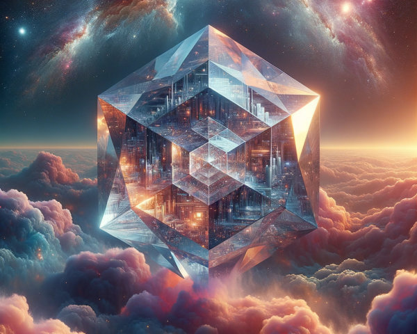 Crystalline Cube Above Vibrant Clouds and Galaxies
