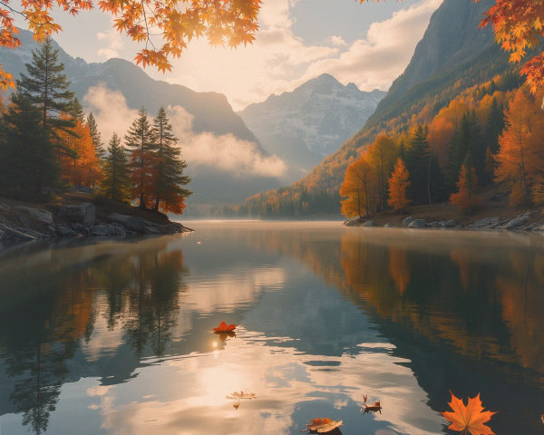 Serene Lake Surrounded by Majestic Mountains in Autumn