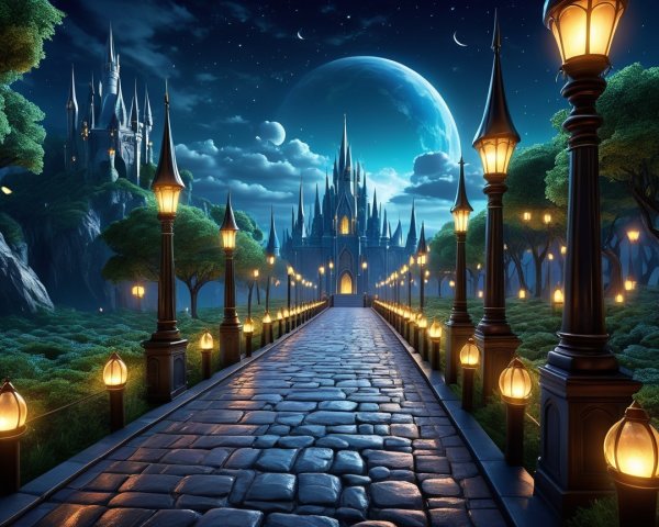 Cobblestone Walkway to Illuminated Castle at Night